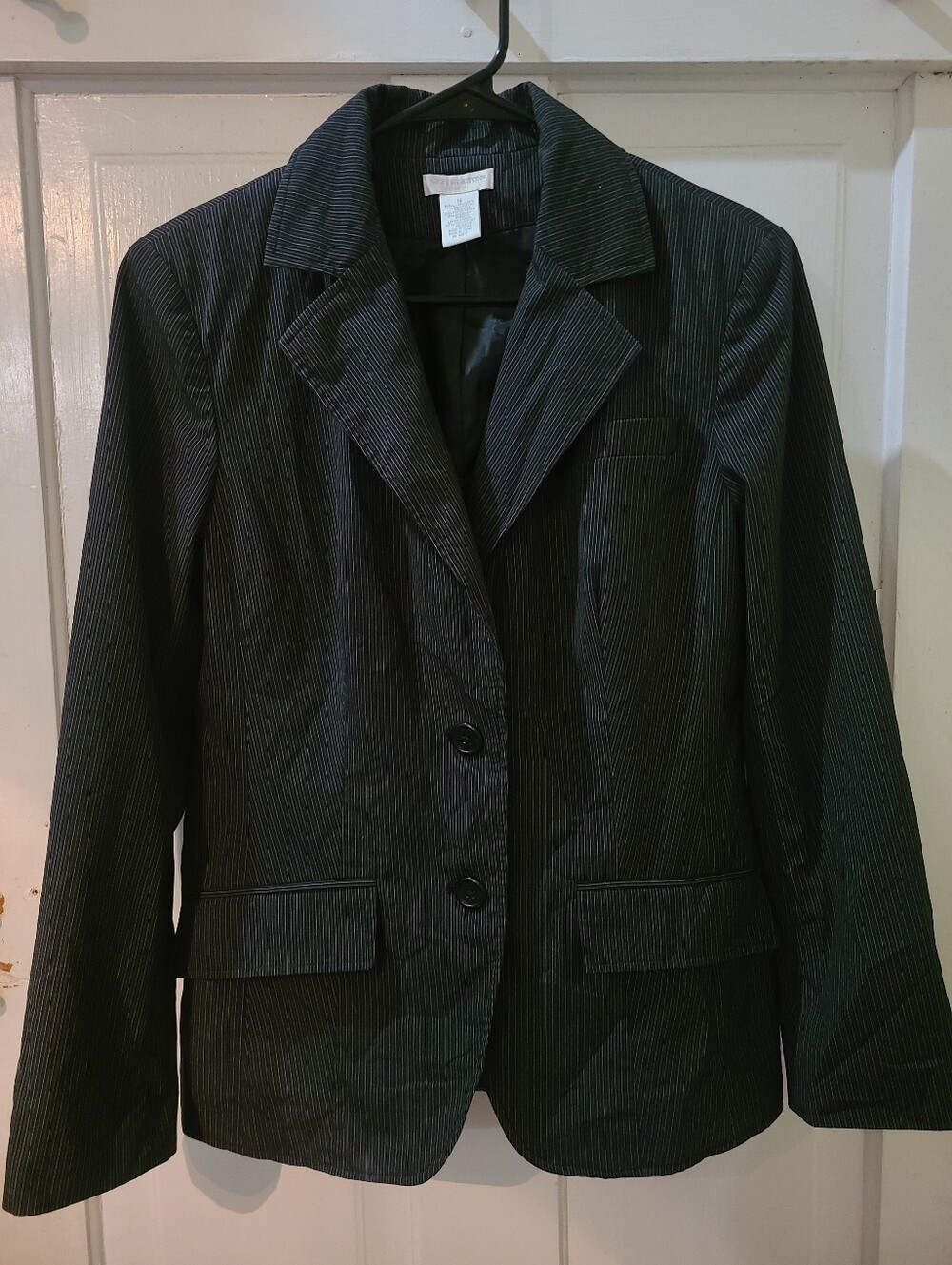 Women's size 12 large structured black pinstripe blazer business jacket